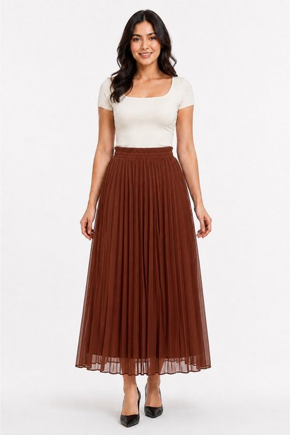 Women's Elastic Waist Lined Long Pleated Chiffon Skirt - Brown