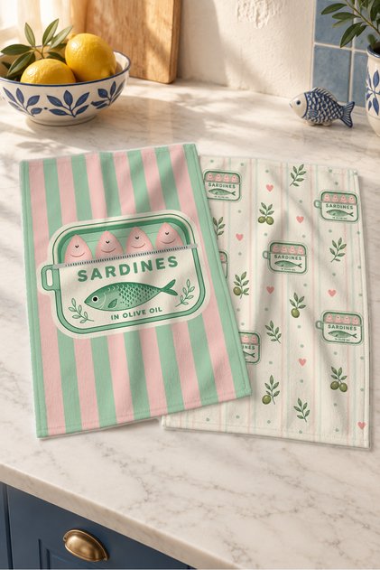 Sardine Sweethearts Pink Green Sardine and Heart Patterned Colorful 2-Piece Kitchen Towel Set 35X55