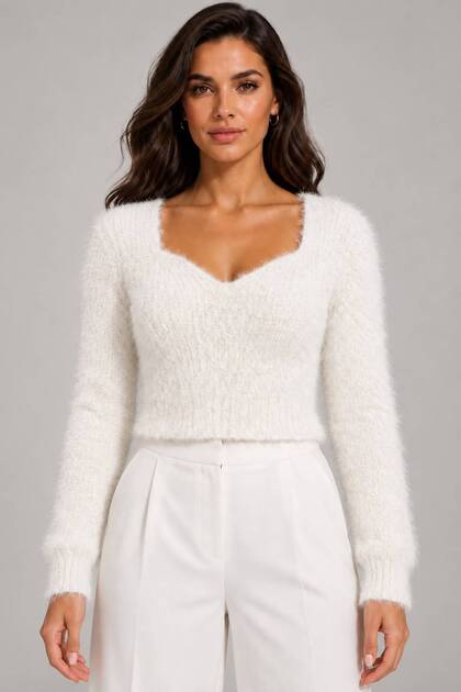 Women's V-Neck Long Furry Bearded Knitwear Crop Sweater