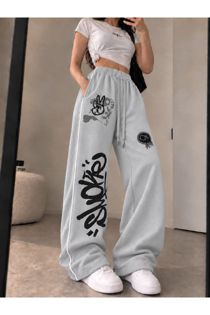 Women's Side Strip Ribbed Graffiti Axolotl Printed Loose Fit Comfortable Stylish Women's Sweatpants
