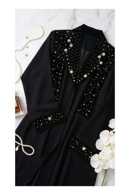 Women's Black Open Abaya with Elegant Lace Trim and Detailed Cuffs WBOA-WELT-ADCW