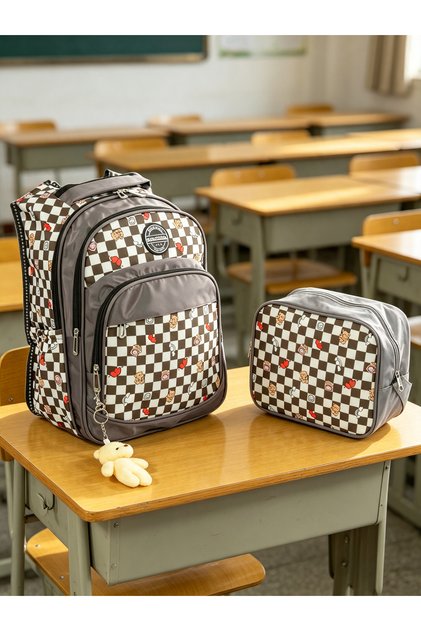 Primary and Secondary School Backpack Set of 2 with Lunch Bag, Girl's School Bag with Teddy Bear Figure