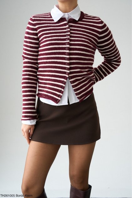 Women's Burgundy Crew Neck Buttoned Thin Striped Knitwear Cardigan