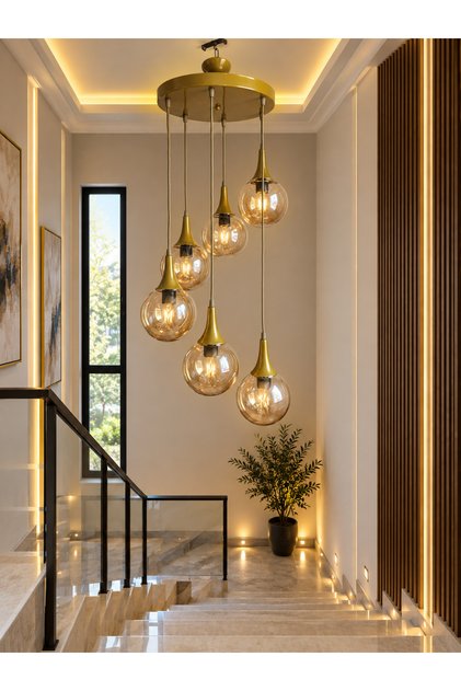 İnci eskitme gold kasa globe camlı 6lı sarkıt avize