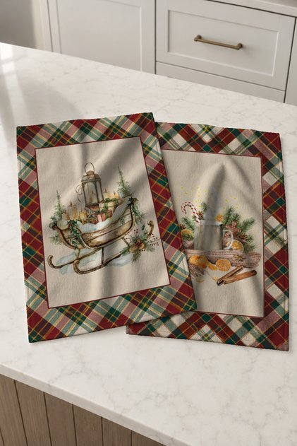 Sleigh Ride Plaid Christmas Sleigh and Red Green Plaid Patterned 2-Piece Kitchen Towel Set 35X55