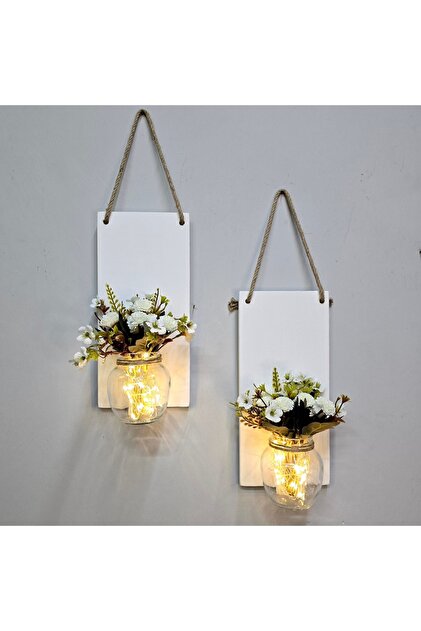 Led Işıklı, Beyaz Karanfil Çiçekli Duvar Dekoru İkili Set