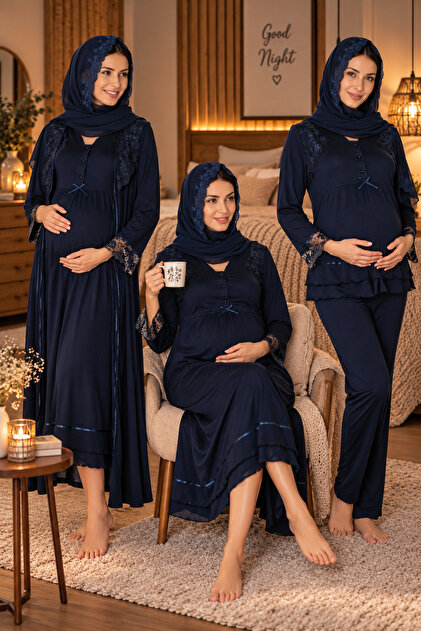 Cotton Lace Detailed Maternity Set with Easy Breastfeeding Features and Hijab