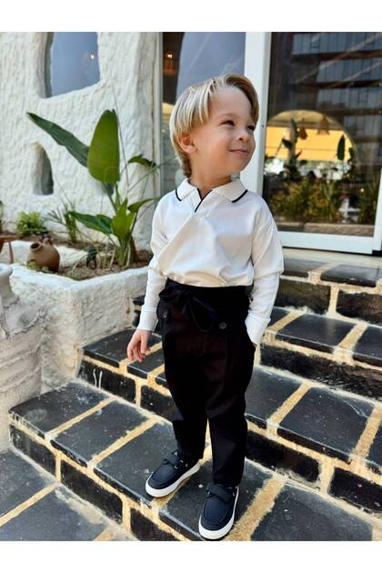 Black Elegance Boys' Cotton Polo Collar & Pants 2-Piece Set