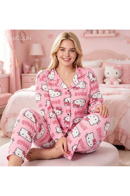 Sevimki Kedi Desen Pembe Renkli Battal Büyük Beden Uzun Kol Gömlek Yaka Kadın Pijama Takım Yumuşak Rahat Eğlenceli