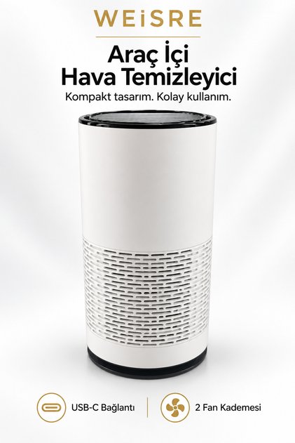 Araç İçi Mini Hava Temizleyici USB-C Bağlantılı, 2 Kademeli, Değiştirilebilir Filtreli