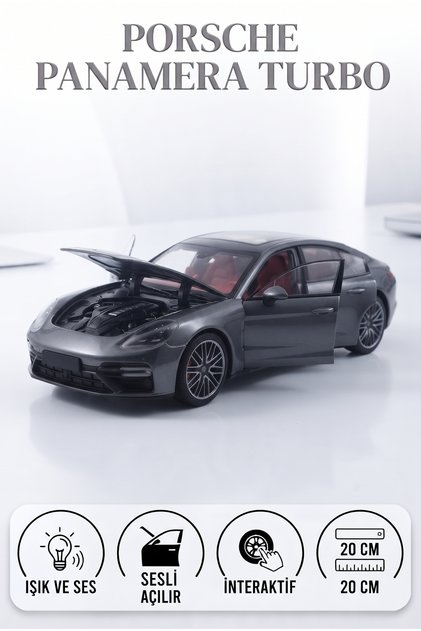 Işıklı Sesli Pilli 1:24 Metal Porsche Panamera Turbo Kapısı Kaputu ve Bagajı Açılabilir Model Araba