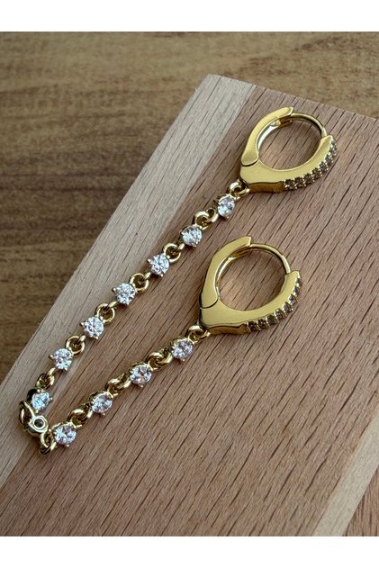Gold Zirkon Taşlı Asimetrik Zincirli Halka Küpe | Trend Kadın Küpe