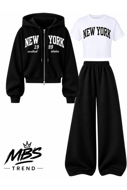 Winter Girl's New York Printed 3-Piece Combination Zipper Hooded Sweatshirt Crop T-Shirt and Sweatpants Set