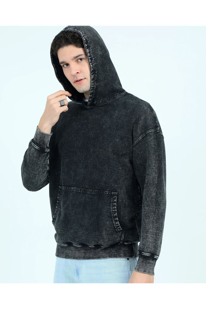 Unisex Anthracite Washed Kangaroo Pocket Hooded Casual Sweatshirt with Vintage Effect
