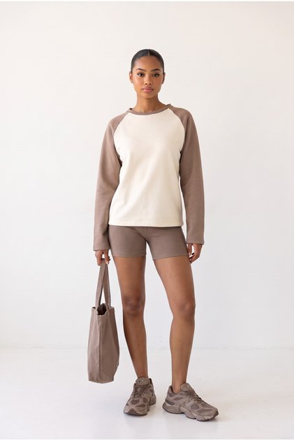 Ekru Bisiklet Yaka Reglan Kol Çift Renkli Rahat Kesim Pamuklu Sweatshirt