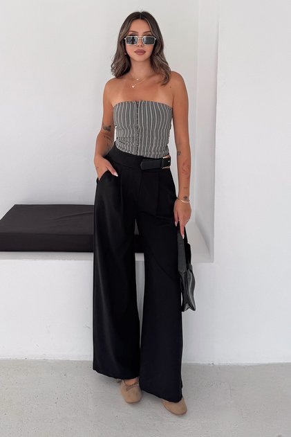 Women's Mini Leather Belted Dabil Fabric High Waist Wide Leg Pants