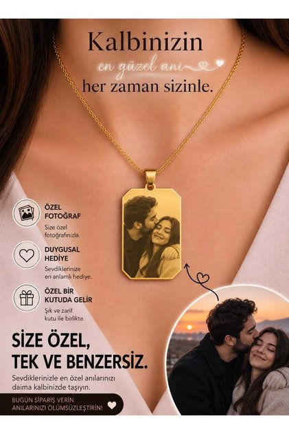 Çelik Kolye Kişiye Özel Fotoğraf Baskılı Hediye Paketli Gold Renk
