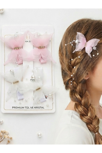 4-Piece Butterfly Buckle with Stones and Tulle, White-Pink Buckle