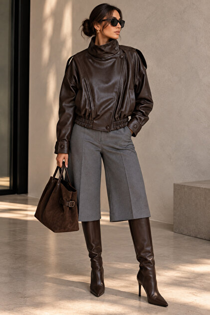 Leather Jacket with High Collar
