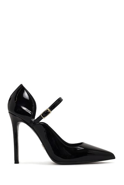 Women's Black Buckle High Thin Heeled Patent Leather Shoes Af110007Dr