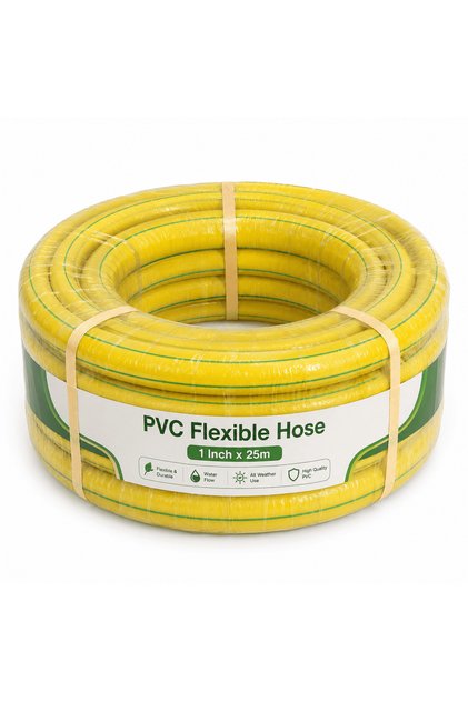 1 Inch x 25m PVC Garden Water Hose, Yellow Flexible Reinforced Water Pipe, 8 Bar Outdoor Hose For Garden Watering, Car Washing, Patio Cleaning, Home & Garage Use