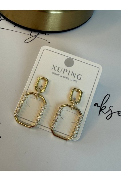 XUPING Gold Geometrik Çift Dikdörtgen Taşlı Sallantılı Küpe