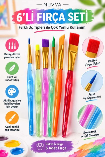 Paint Brush, Acrylic Gouache Oil Watercolor Brush, Colorful Brush, Paint Brush, Art, Art Supplies, 6-Piece Brush Set