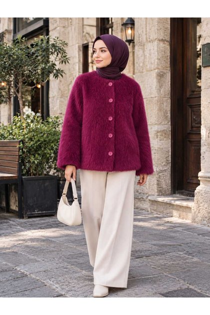Burgundy Scarf Accessory Midi Hijab Fur Coat