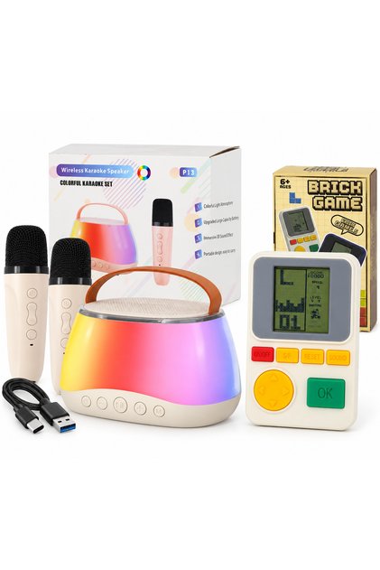 Set Karaoke Wireless P13 cu Boxă Bluetooth RGB și 2 Microfoane Wireless, Lumini LED Multicolore, USB, AUX, Card TF, Reîncărcabil + Consolă Retro Brick Game, Alb