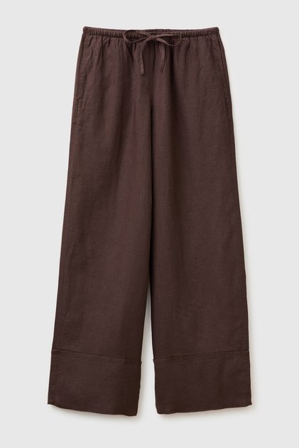 Kadın Kahverengi %100 Keten Beli Lastikli Bol Kesim Kıvrık Paça Pantolon