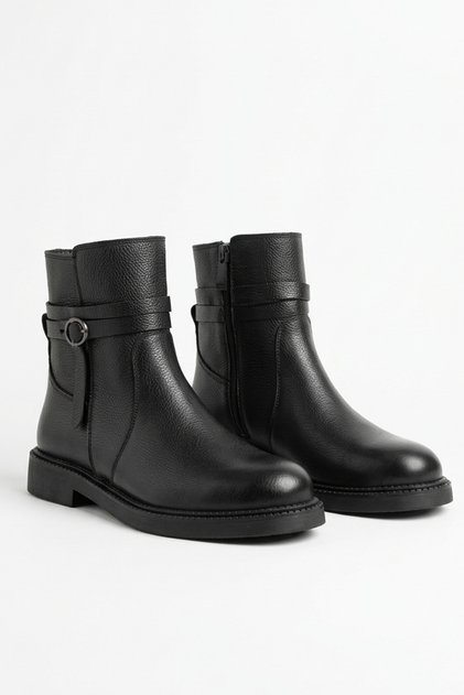 Black printed genuine leather women's boots - lightweight, low heel, zippered, real natural leather women's boot model - winter and spring style boots