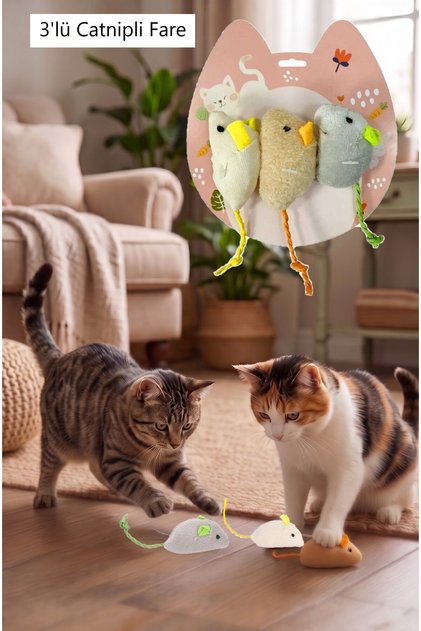 3'lü Catnip Otlu Mini Peluş Kedi Oyun Faresi - Kedi Eğlenceli Fare Oyuncak - Catnip Otlu Etkileşim F