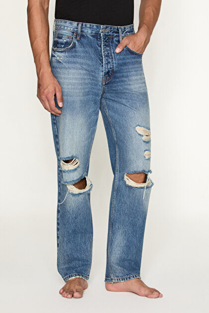 Beckett Men's Straight Fit Ripped Detailed Jean Blue Trousers