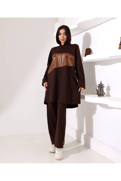 Women's Hooded Oysho Fabric Leather Detailed Two-Piece Set – Hijab Set with Pants