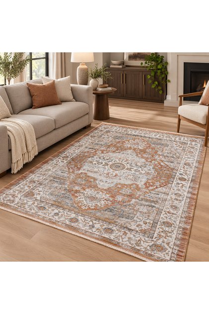 Manchester 03 Serisi Vintage Desenli Saçaklı Halı – Klasik Modern Salon ve Oturma Odası Halısı