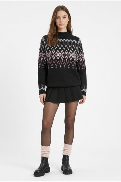 Women's Premium Knitwear Black Patterned Half Turtleneck Sweater