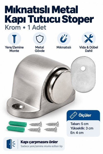 Mıknatıslı Küçük Metal Kapı Tutucu Stoper Krom Vidalı Zemin Montajlı Kapı Durdurucu Tampon Çarpma Önleyici Kapı Sabitleyici Rüzgarda Kapı Tutucu Stop Aparatı Kapı Arkası 1 Adet Vidalı Montajlı