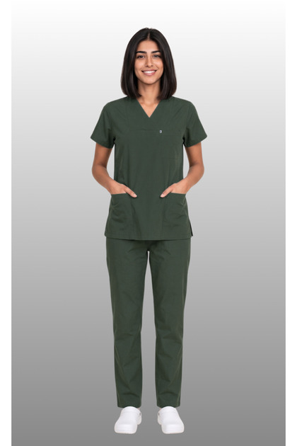 Women's Envelope Collar Turquoise Petrol Blue Saks Blue Bitter Green Terycotton Doctor & Nurse Scrubs Set