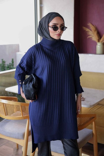 Navy Blue Cold Yarn Knitwear Tunic with Cufflinks