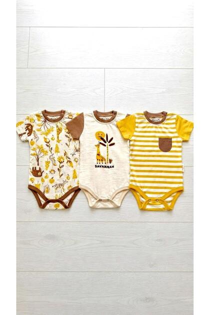 Ncxs 242040 Yellow Safari Patterned Half Sleeve 3-Piece Bodysuit with Snap Fasteners