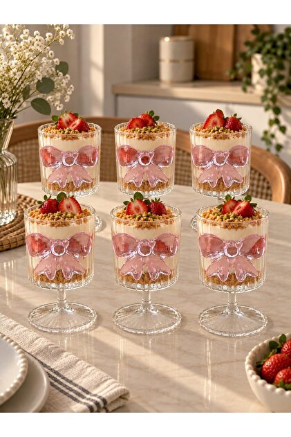 Set of 6 Pink Bow Detailed Glass Dessert Presentation Glasses - Magnolia and Ice Cream Bowl Flutes