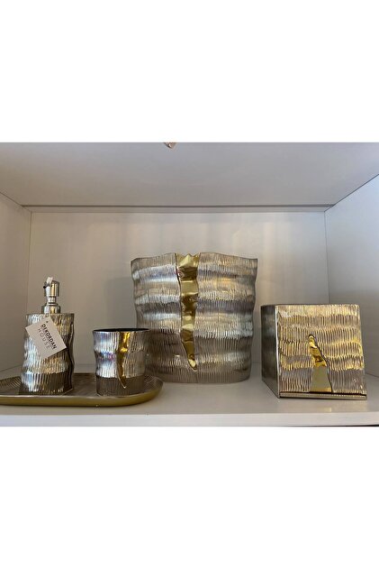 5 Piece Silver Gold Detailed Bathroom Set