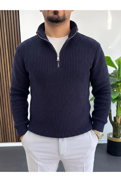 Men's Zippered Knitted Sweater Navy Blue Edw509