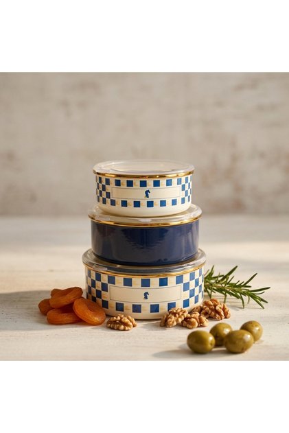 Enamel Storage Container Set of 3 14 cm 16 cm 18 cm Decorated Outside, Cream Enamel Inside