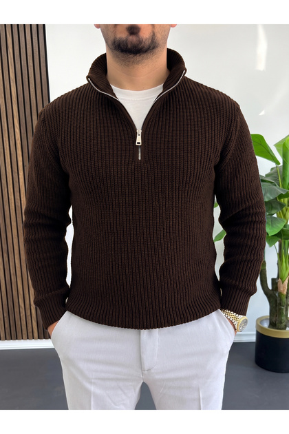 Men's Zippered Knitted Sweater Brown Edw509