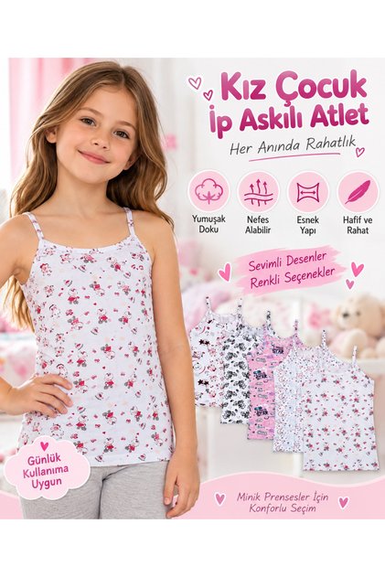 Tutku Elestan Printed Girls' String Strap Undershirt-Mixed Color-No:5/9-10 Years