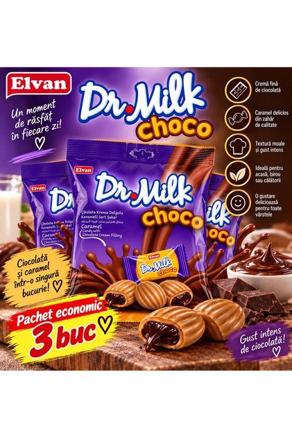 Dr. Milk Choco – Bomboane cu caramel și cremă de ciocolată, 250 g PACHET X 3BUC