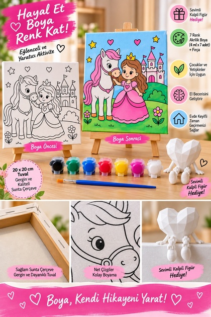 Tuval Boyama Seti – 7 Renk Akrilik Boya, Fırça ve Mini Kalp Figür Hediye – Prenses ve Pony Modeli