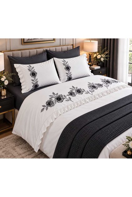 Rosalin 100% Cotton Rose Embroidered and Ruffled 7 Piece Duvet Cover Set | Premium Set