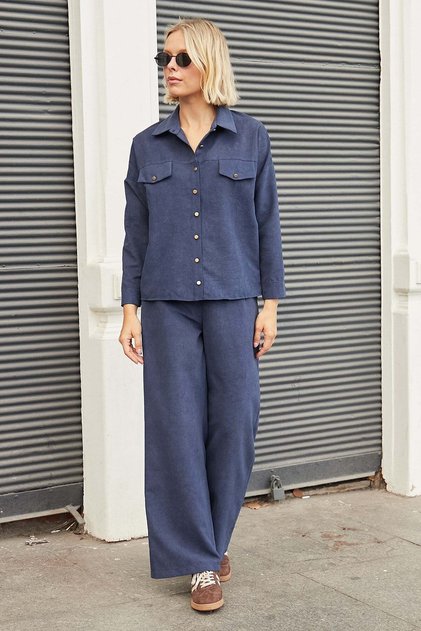 Women's Crush Cupra High-Pocket Elastic Waist Wide-Leg Trousers-Navy Blue